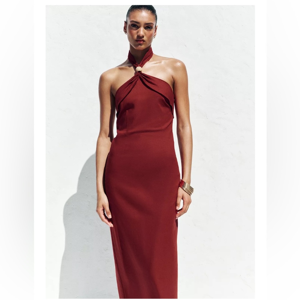 Zara Strapless Halter Midi Dress in Deep Burgundy